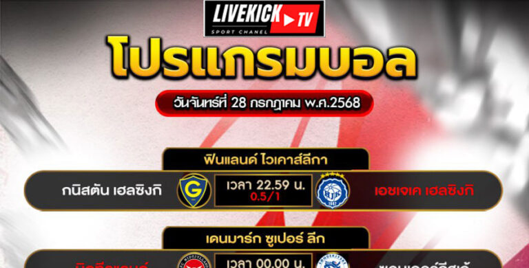 โปรแกรมบอล วันจันทร์ที่ 28 กรกฎาคม พ.ศ.2568