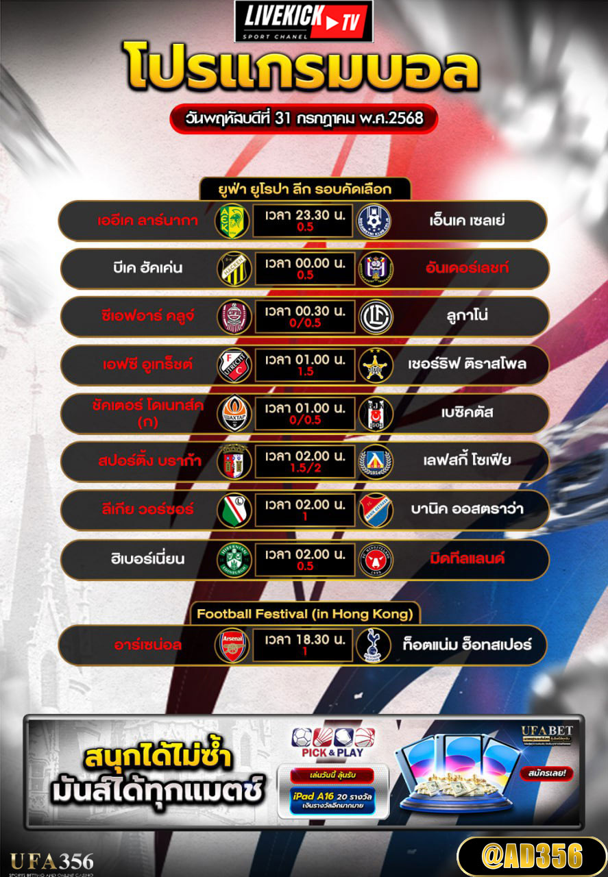 โปรแกรมบอล-วันพฤหัสบดีที่-31-กรกฎาคม-พ.ศ.-2568