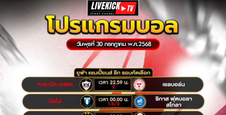 โปรแกรมบอล วันพุธที่ 30 กรกฎาคม พ.ศ.2568