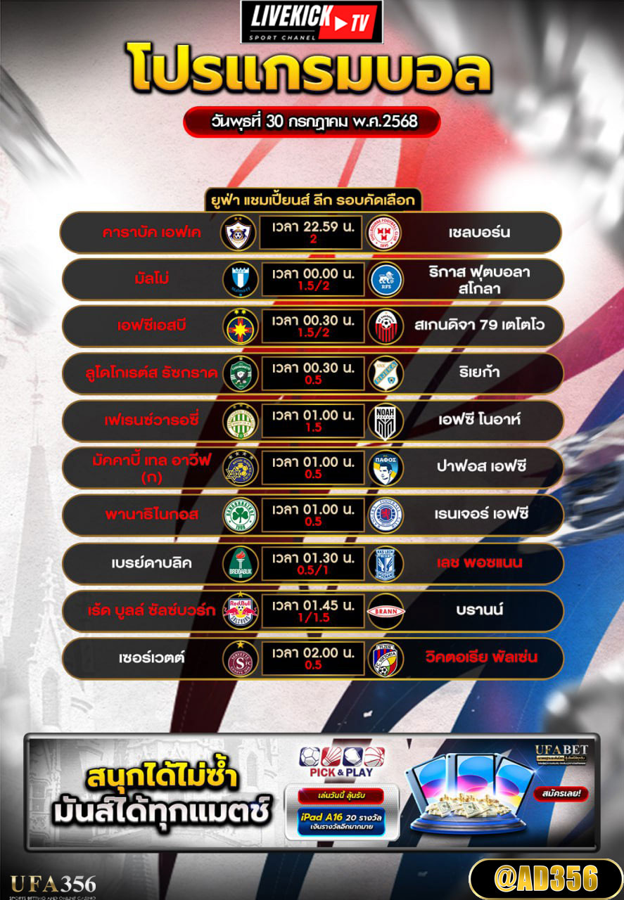 โปรแกรมบอล วันพุธที่ 30 กรกฎาคม พ.ศ.2568