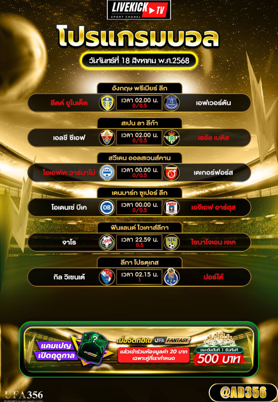 โปรแกรมบอล วันจันทร์ที่ 18 สิงหาคม พ.ศ.2568