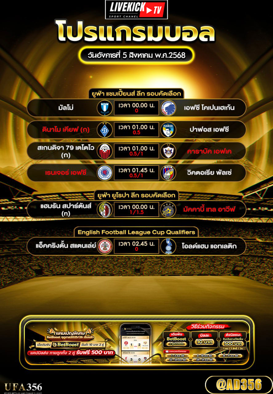 โปรแกรมบอล วันอังคารที่ 5 สิงหาคม พ.ศ.2568