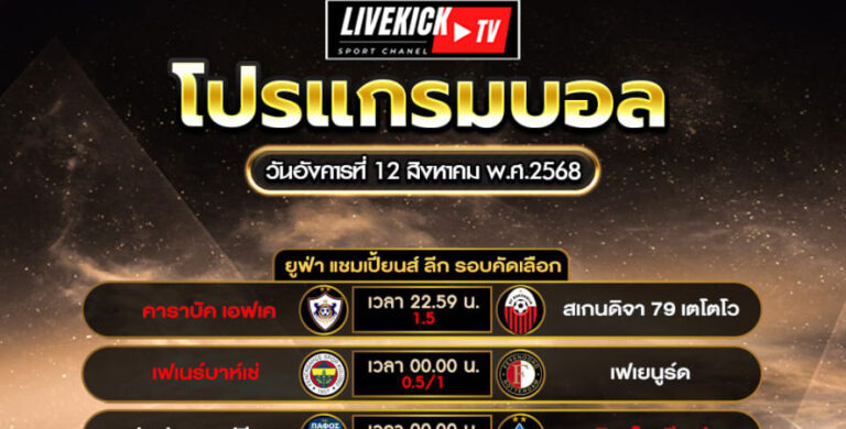 โปรแกรมบอล วันอาทิตย์ที่ 12 สิงหาคม พ.ศ.2568