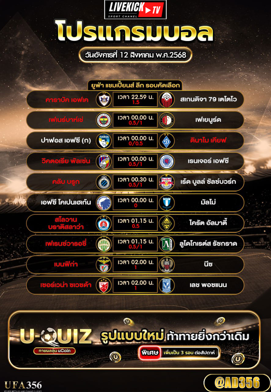 โปรแกรมบอล วันอาทิตย์ที่ 12 สิงหาคม พ.ศ.2568